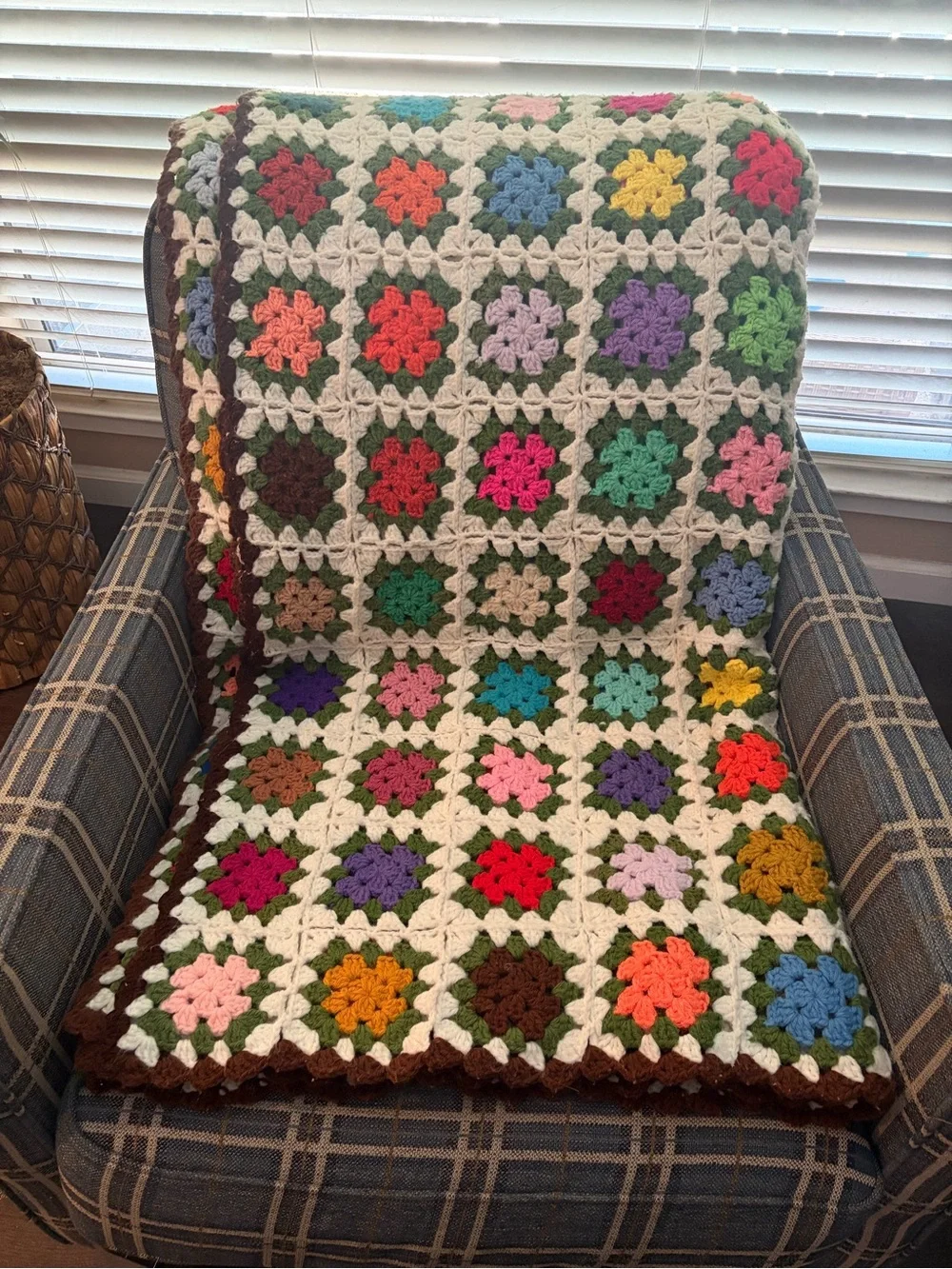 Beautiful Handmade Grandma Square Quilt, Multicolor w/ Chocolate Boarder